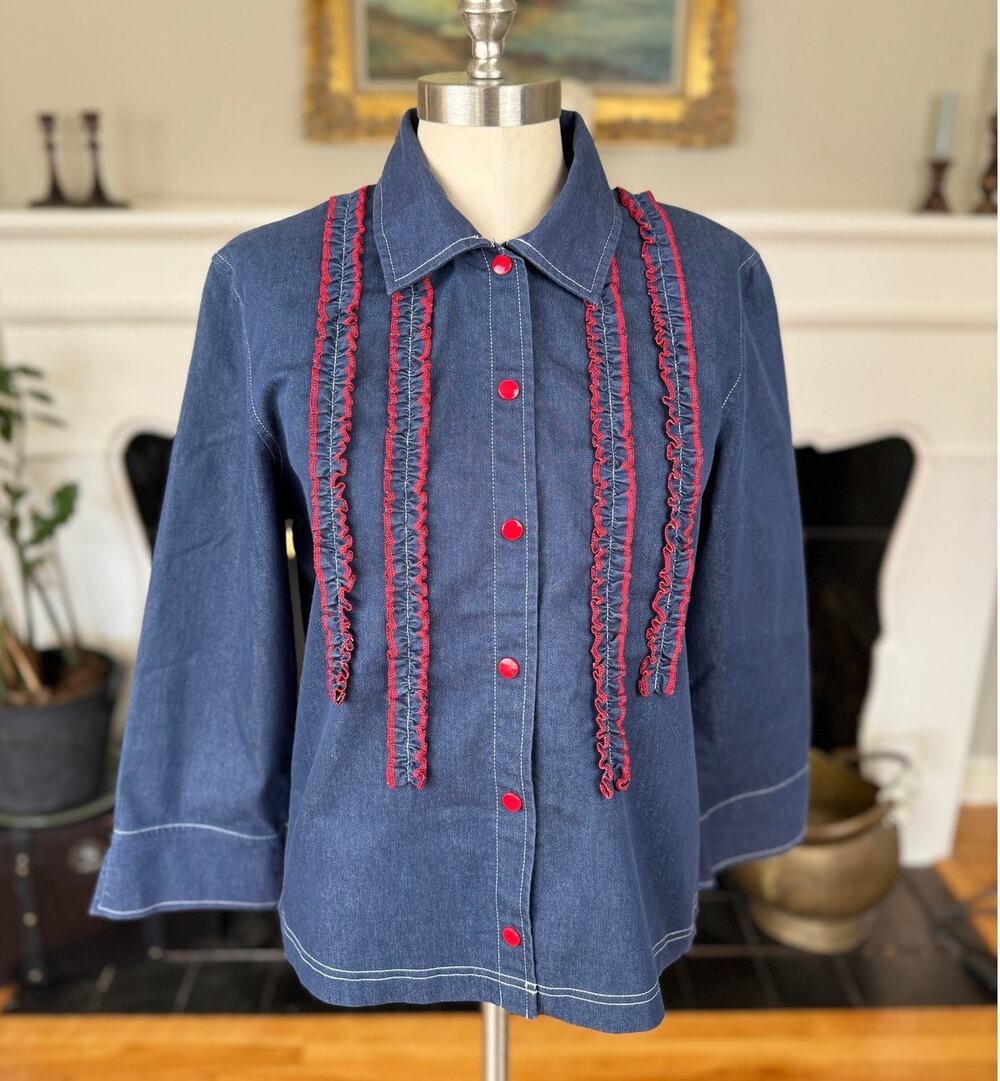 90s Vintage Denim Shirt, Western, Red Ruffles Snaps, Onque, Women's Size S